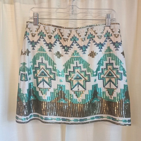 Miami Women's Sequin Mini Skirt Aqua Gold Multicolor Aztec Print Lined‎ Size L - Picture 1 of 6